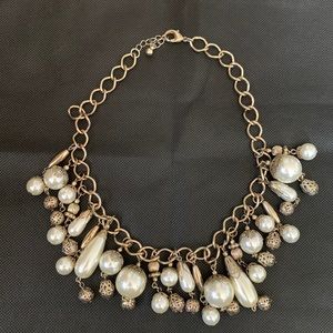 Pearl collar necklace with filigree beads. Antique gold finish